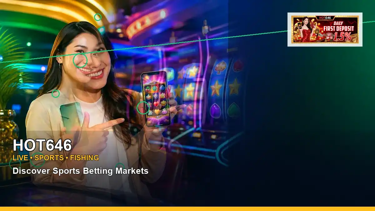 HOT646 first casino deposit and wallet options featuring an adult Filipina casino host with a left close-up composition