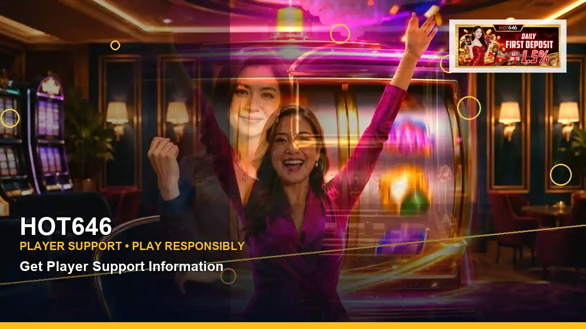 HOT646 coins casino cashback rewards featuring an adult Filipina casino host with a right close-up composition